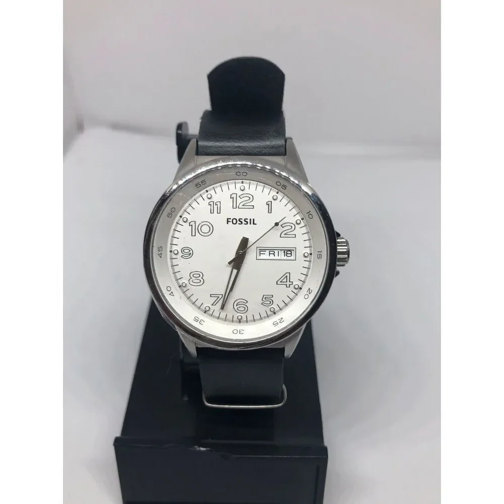 Fossil BQ1622 Men's Black Leather Analog White Dial Quartz Genuine Watch RK391